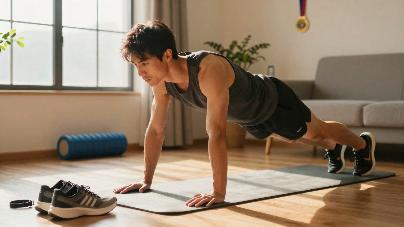 Junger Mann macht Liegestütze auf Fitnessmatte im Wohnzimmer bei Tageslicht.
