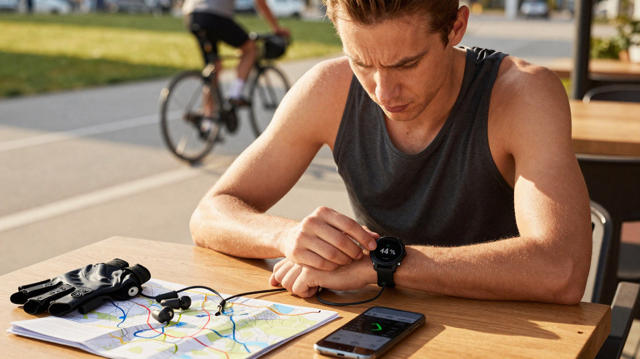 Mann mit Sportkleidung prüft Smartwatch, daneben Fahrradhandschuhe, Ohrhörer, Karte und Smartphone auf Tisch.