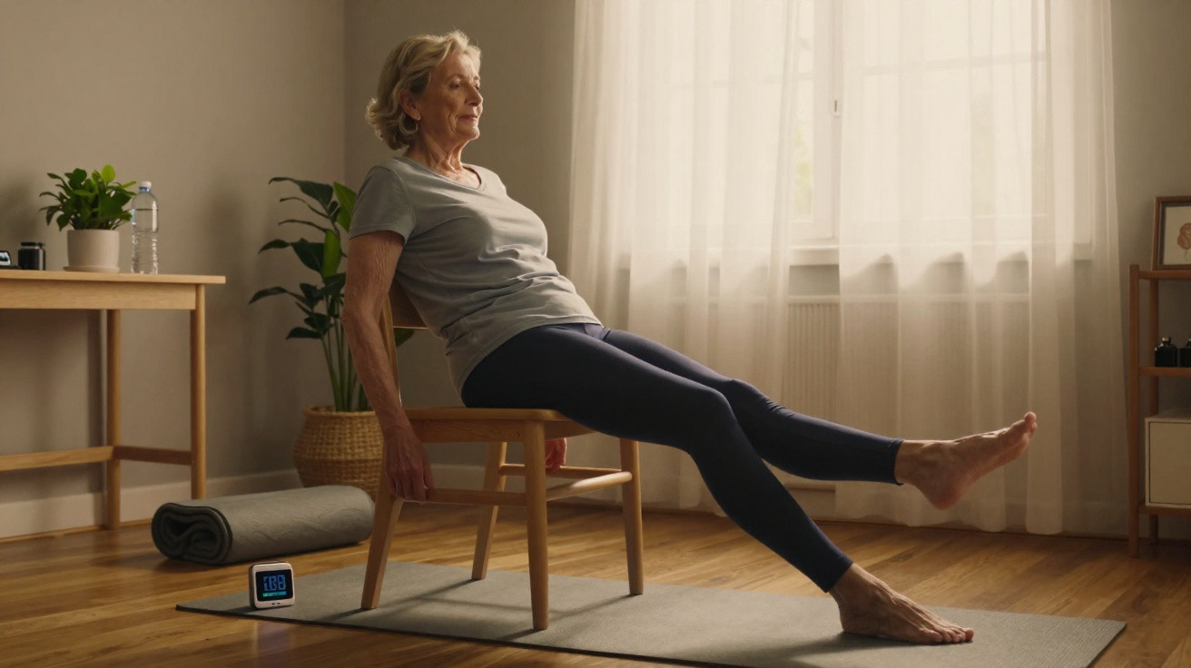 Ältere Frau macht Bein- und Core-Übungen sitzend auf einem Stuhl in einem hellen Wohnzimmer.