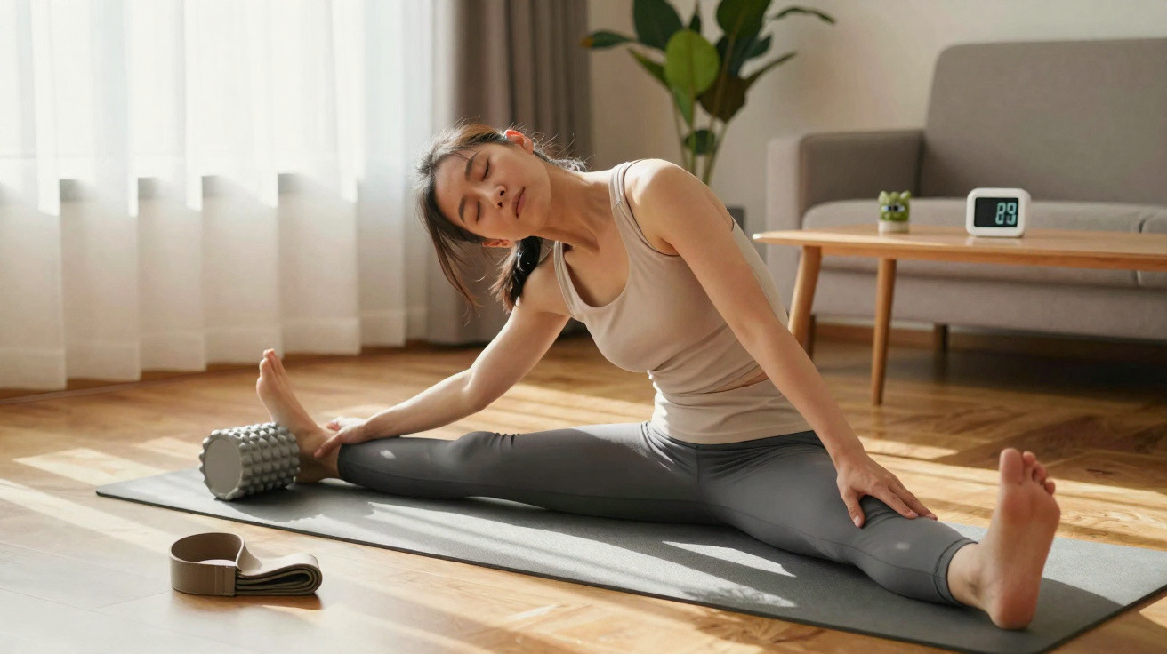 Frau macht Dehnübungen auf Yogamatte in hellem Wohnzimmer mit Schaumstoffrolle und Yogagurt.