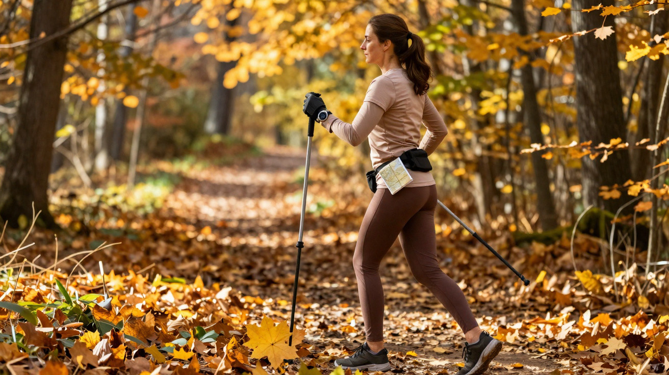 Frau beim Nordic Walking im herbstlichen Wald auf mit bunten Blättern bedecktem Weg.