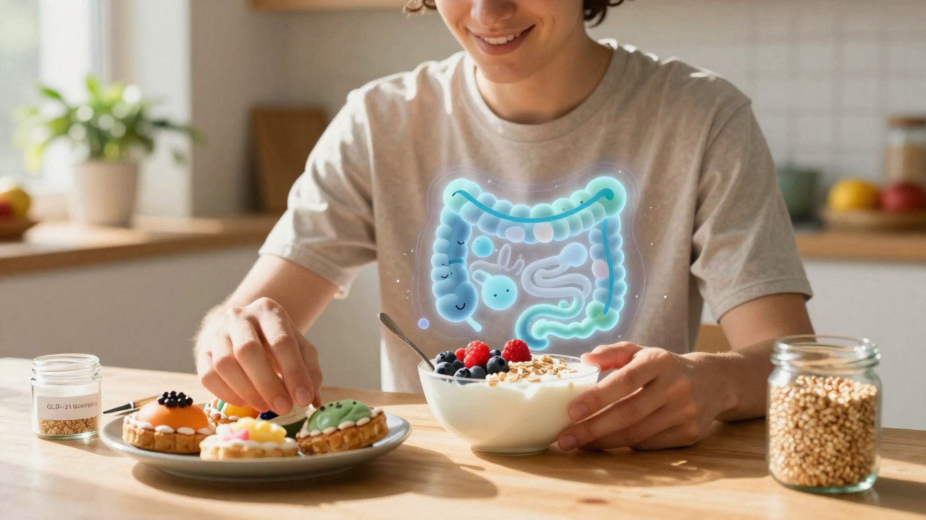 Frau isst Gesundes Frühstück mit Beeren und Joghurt, zeigt hervorgehobenen Darm als Symbol für Verdauungsgesundheit.