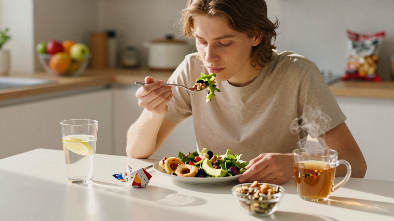 Junge Person isst Salat mit Nüssen in heller Küche, daneben Tee und Wasser mit Zitrone.