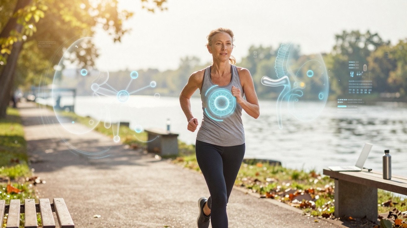 Ältere Frau joggt am Flussufer, umgeben von digitalen Gesundheitsgrafiken und sonnigem Herbstwetter.