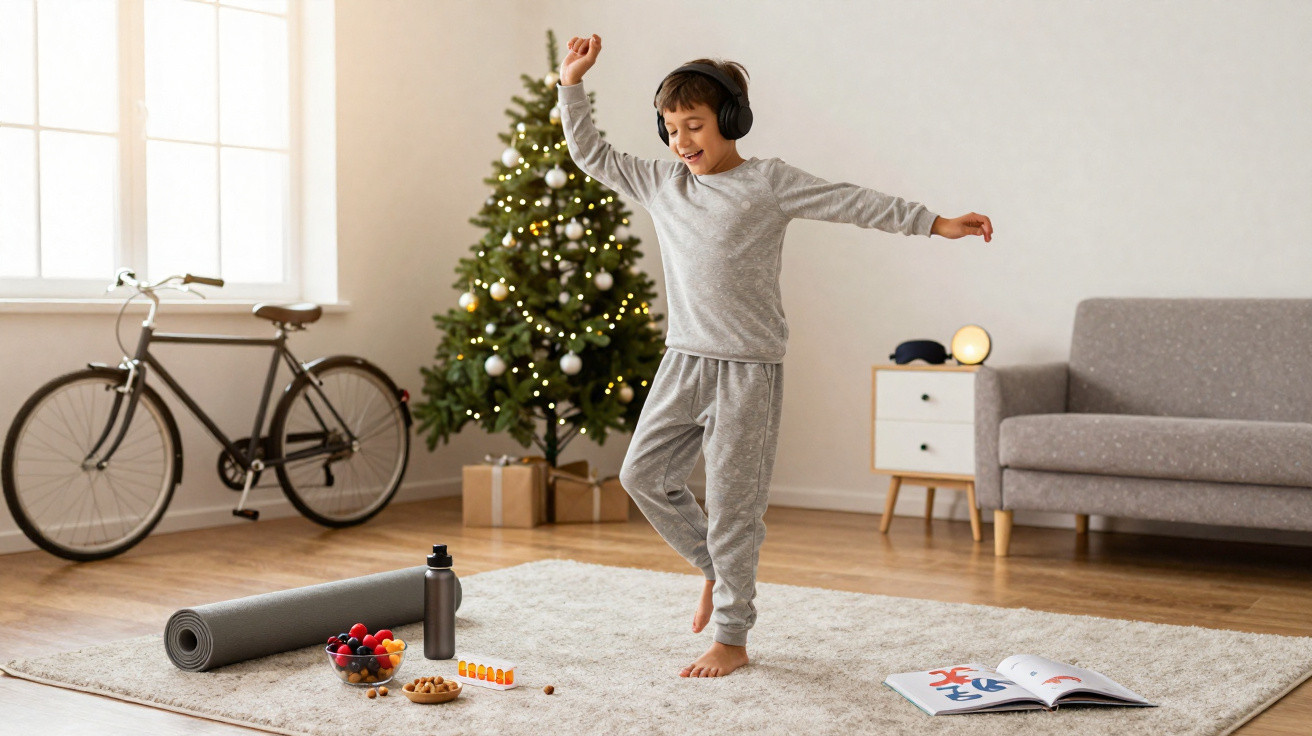 Ein Junge tanzt mit Kopfhörern vor einem Weihnachtsbaum in einem Wohnzimmer mit grauem Sofa und Fahrrad.