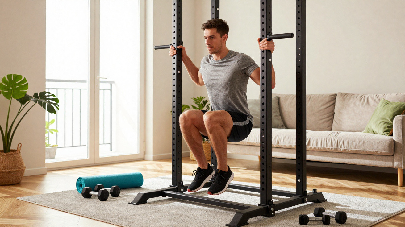 Mann macht Kniebeugen an einem Fitnessgerät im hellen Wohnzimmer mit Sofa und Pflanzen.