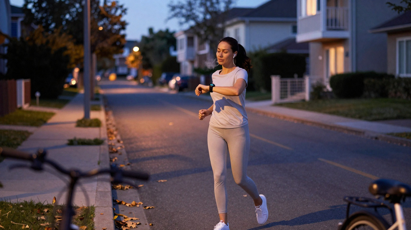 Frau joggt abends auf einer Straße in einem Wohngebiet und schaut auf ihre Smartwatch.