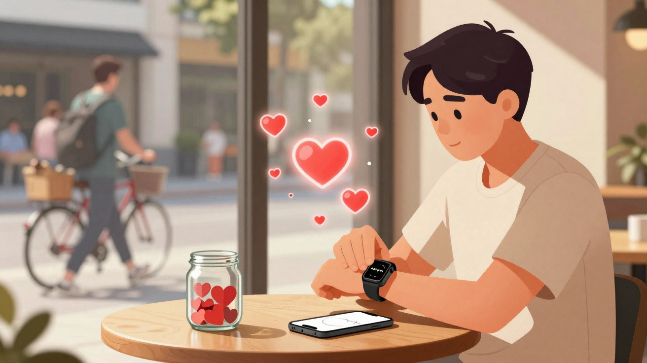 Junger Mann sitzt im Café und schaut auf seine Smartwatch, Herzen schweben in der Luft.