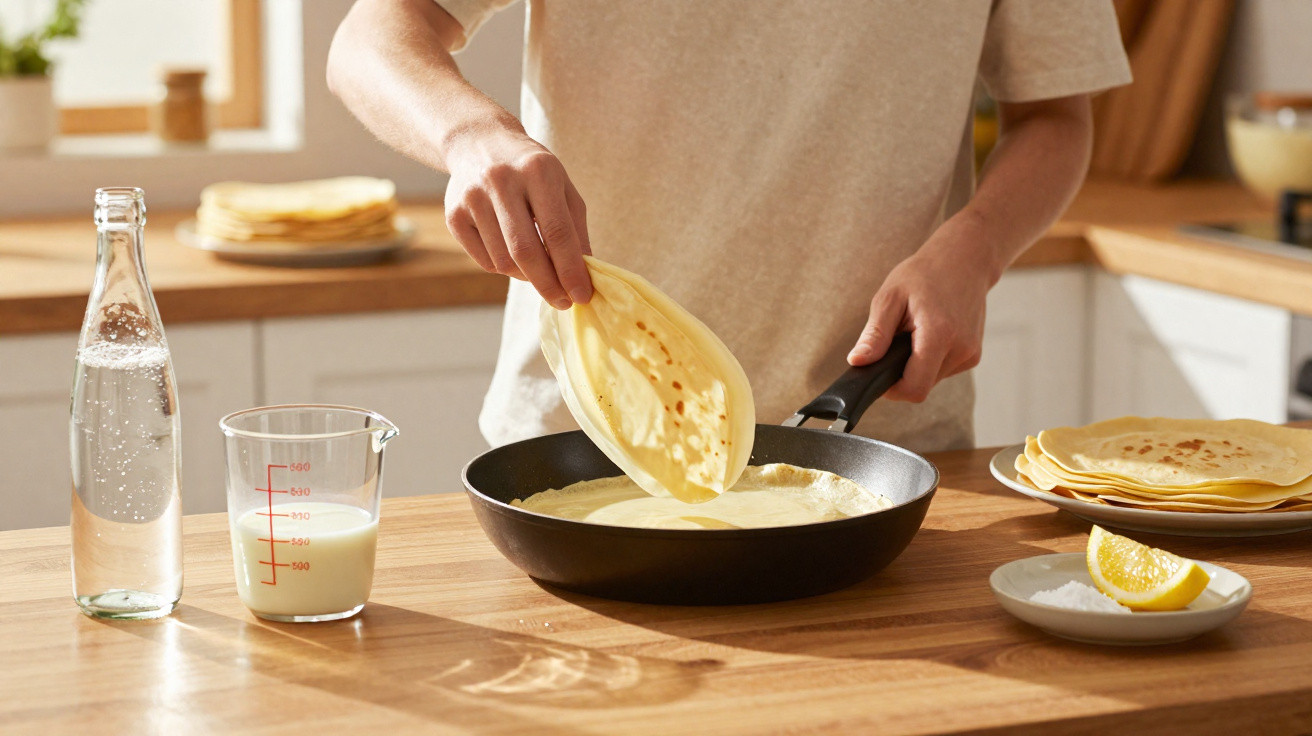 Person legt dünnen Pfannkuchen in Pfanne, auf Holztisch Messbecher mit Milch, Wasserflasche und Teller mit Pfannkuchen.