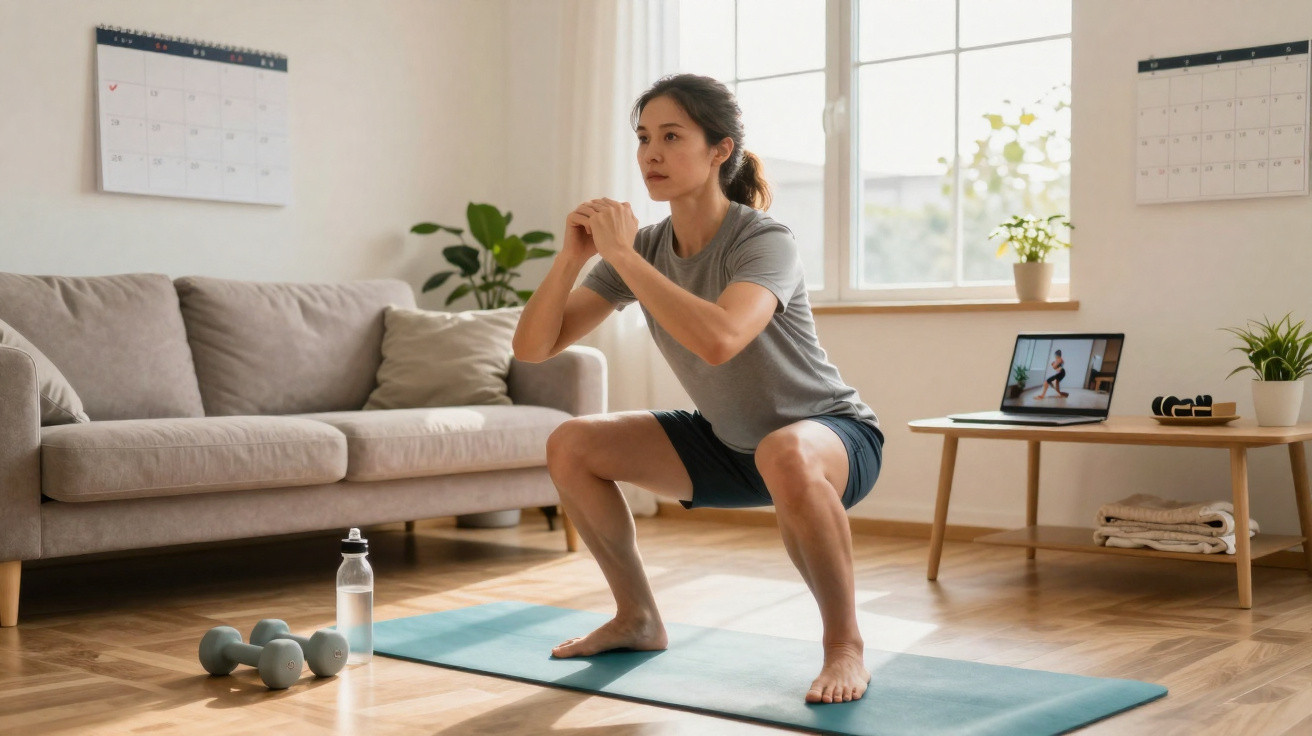 Frau macht Kniebeugen auf Yogamatte im Wohnzimmer, neben Hanteln und Wasserflasche, Laptop mit Fitnessvideo.