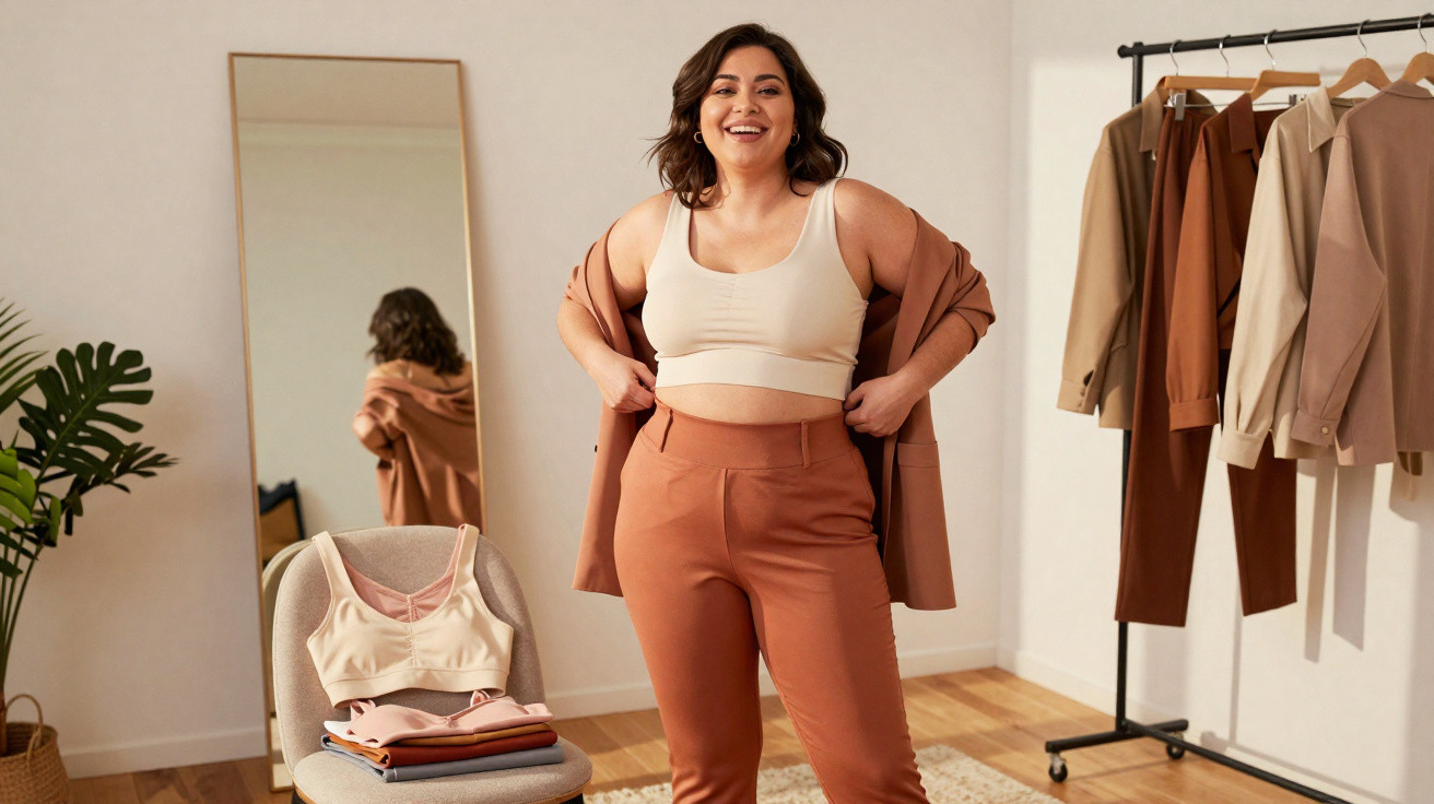 Frau zieht in einem hellen Raum einen braunen Blazer über cremefarbenes Top und orange Hose an.