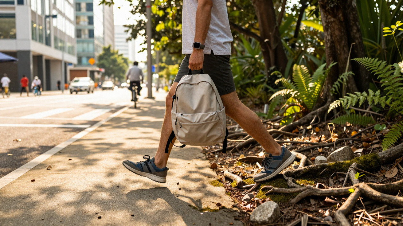 Mann mit Rucksack und Shorts überquert Straßenrand mit Baumwurzeln bei sonnigem Stadtwetter.