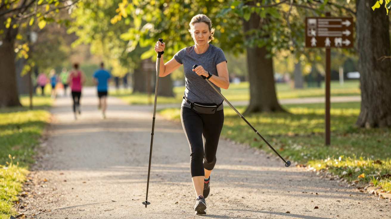 Frau beim Nordic Walking auf einem sonnigen Waldweg mit Bäumen und anderen Spaziergängern im Hintergrund.