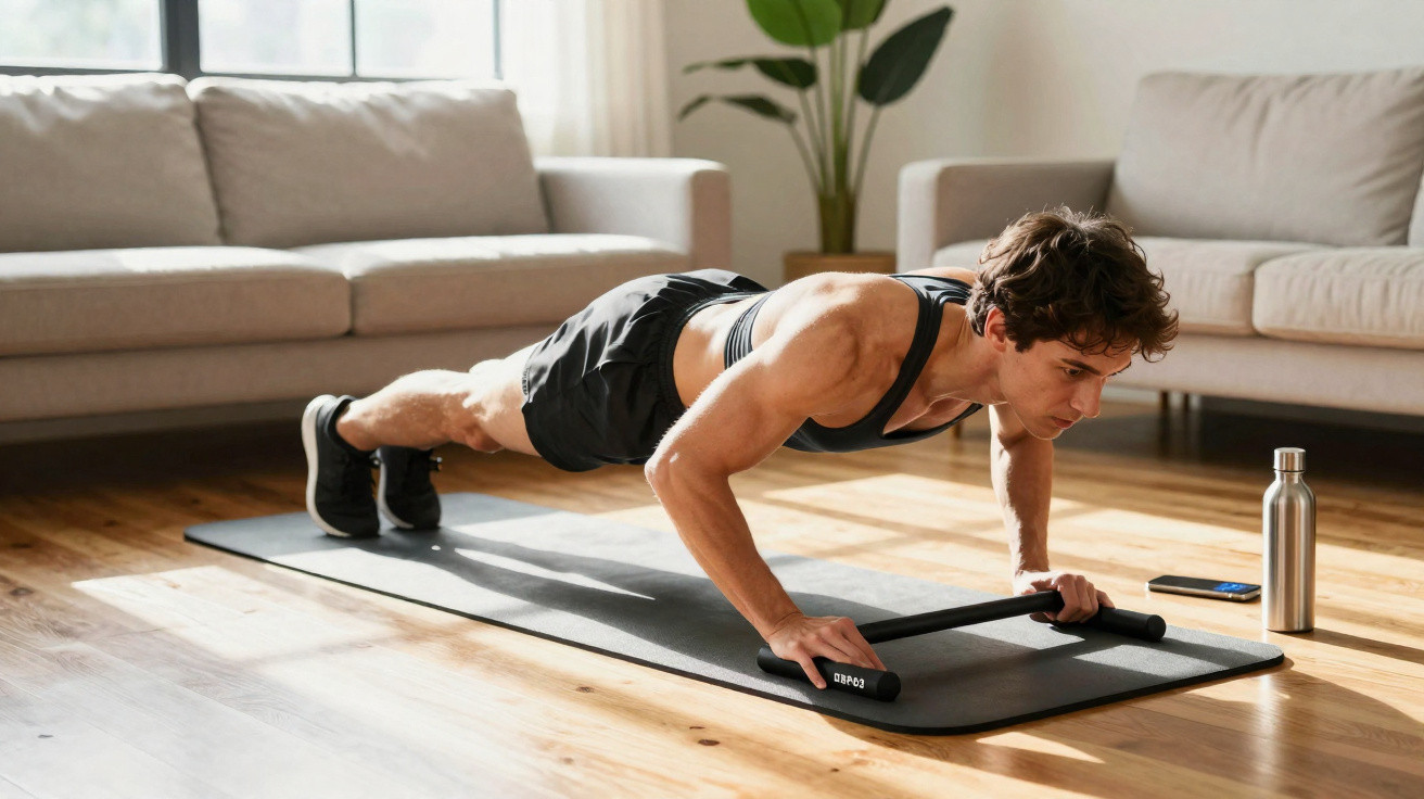 Junger Mann macht Liegestütze mit Griffen auf Yogamatte im Wohnzimmer mit Sofa und Pflanze.
