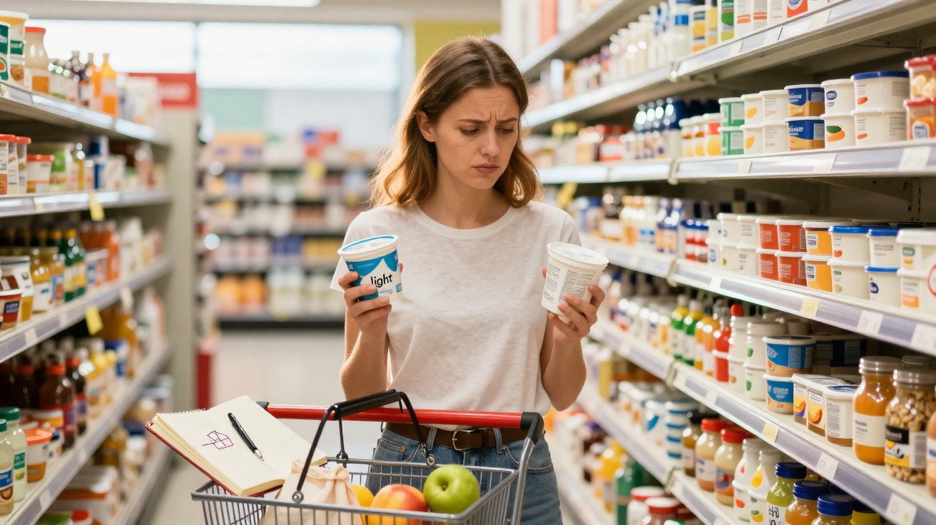 Frau vergleicht zwei Jogurtbecher im Supermarkt mit Einkaufskorb und Einkaufszettel.