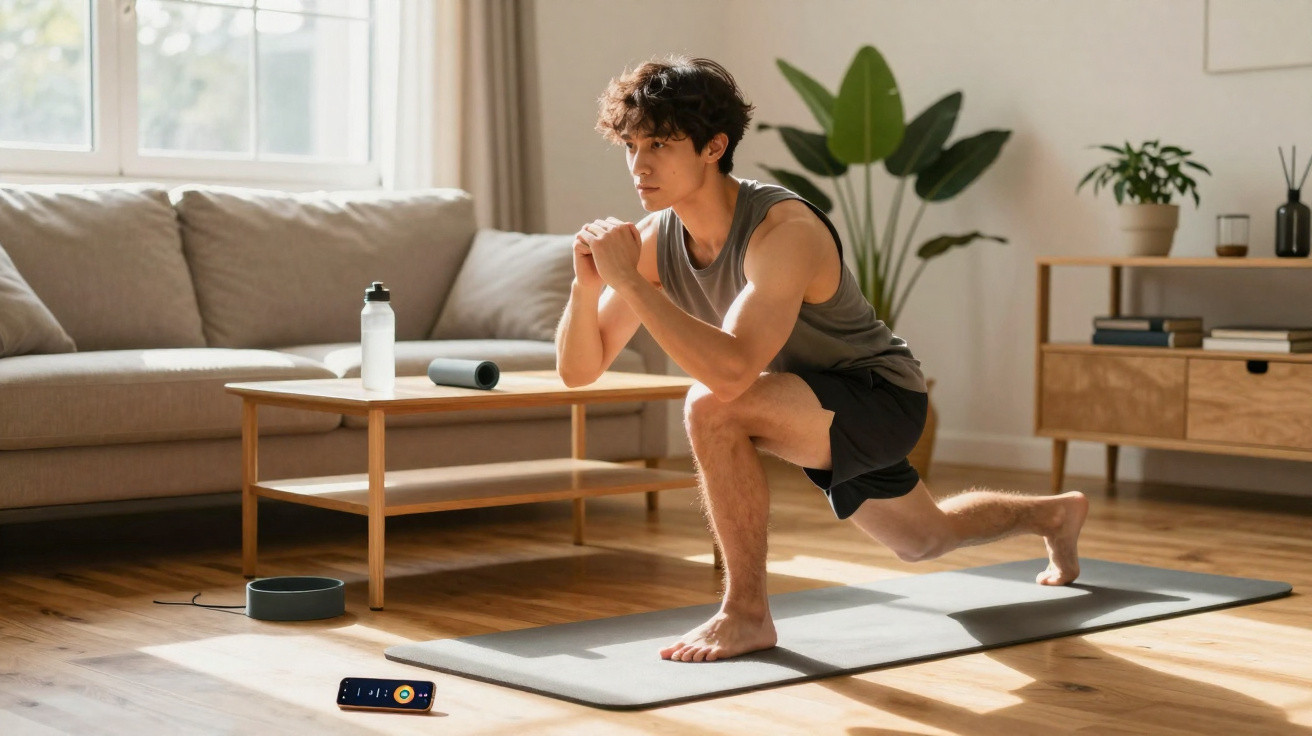 Junger Mann macht Ausfallschritt auf Yogamatte im hellen Wohnzimmer mit Pflanzen und Sofa.