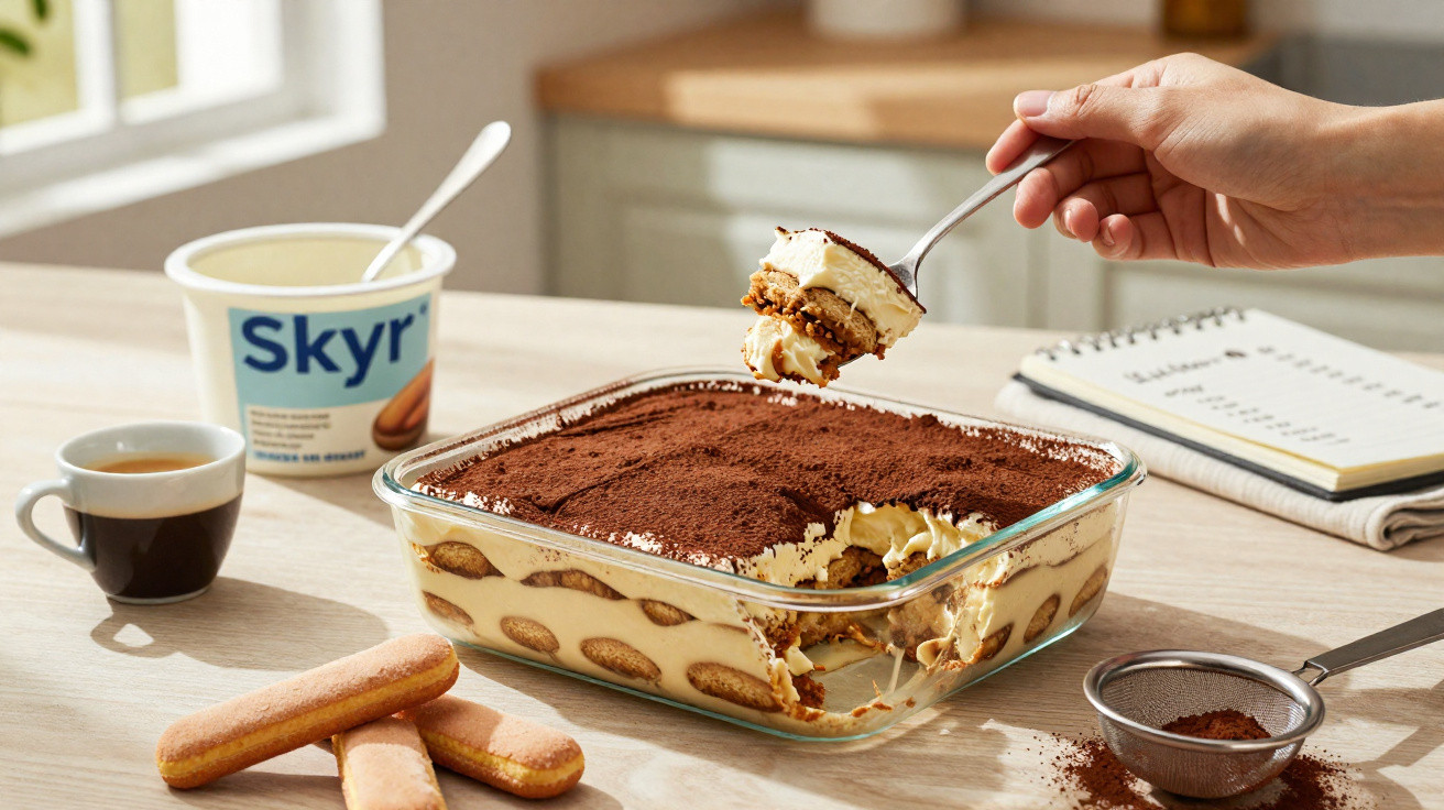 Hand nimmt Löffel mit Tiramisu aus Auflaufform auf hellem Holztisch mit Kaffee und Skyr-Becher.