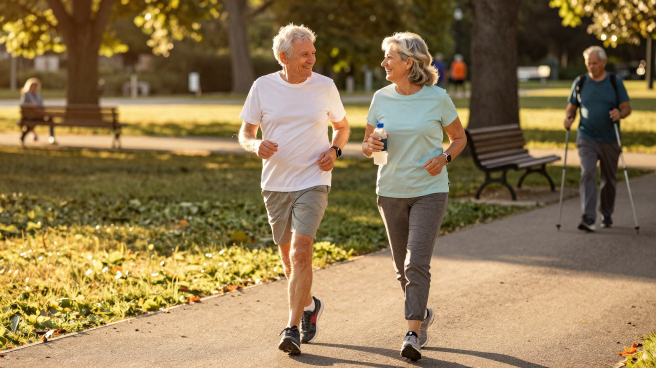 Älteres Paar joggt gemeinsam in sonnigem Park, im Hintergrund ältere Person mit Nordic-Walking-Stöcken.