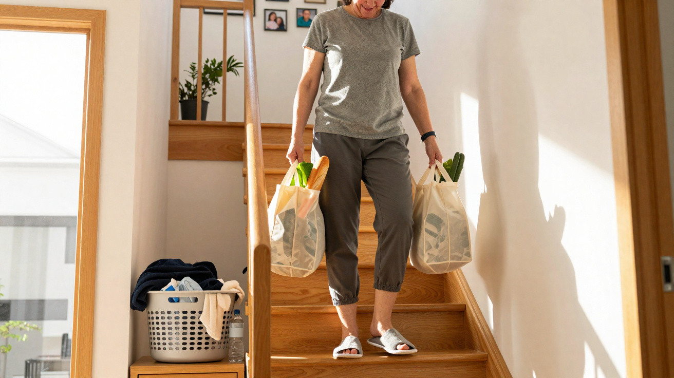 Frau trägt zwei Einkaufstüten mit frischem Gemüse und Baguette eine Treppe im Haus hinunter.