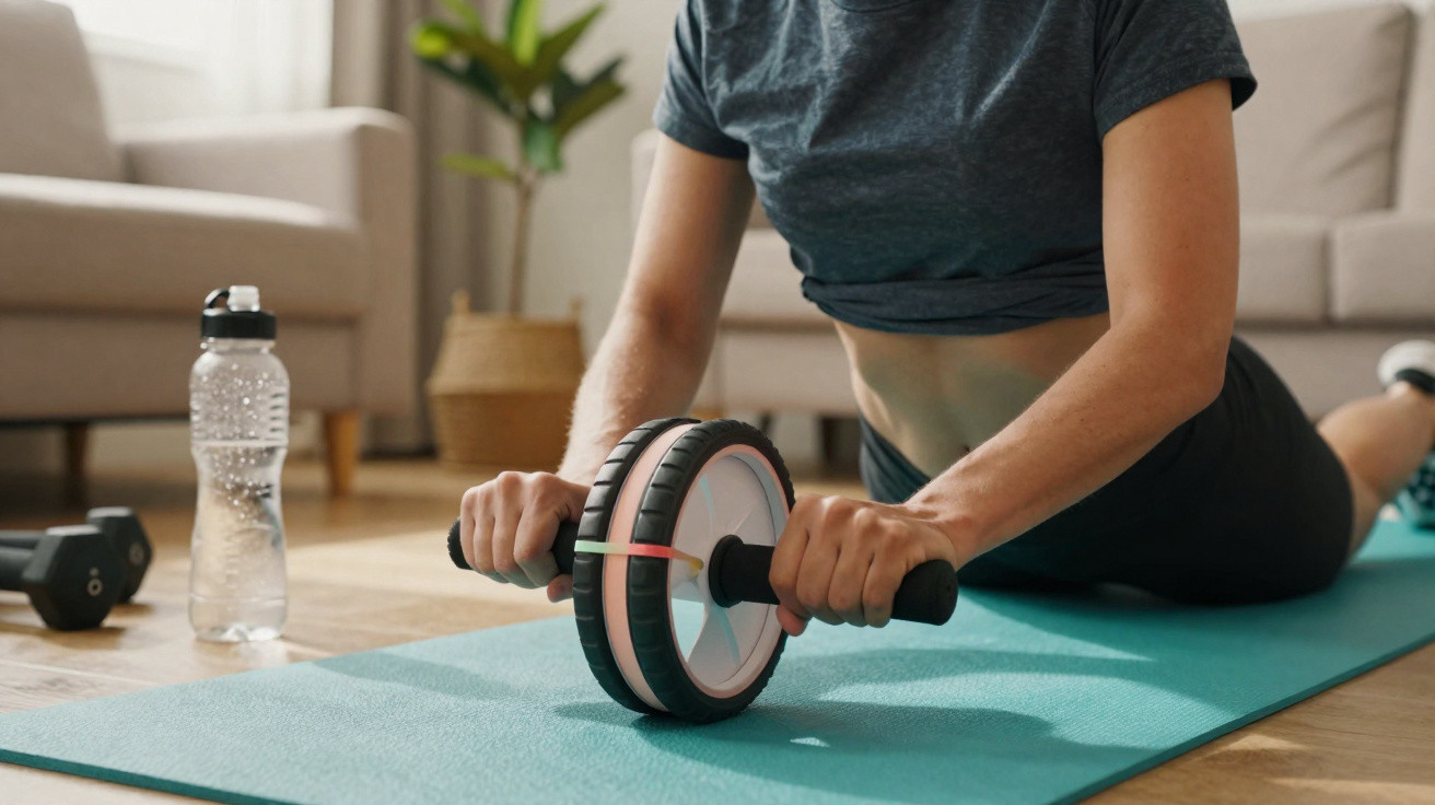 Frau trainiert mit Bauchmuskel-Rad auf Yogamatte im Wohnzimmer neben Wasserflasche und Hanteln.