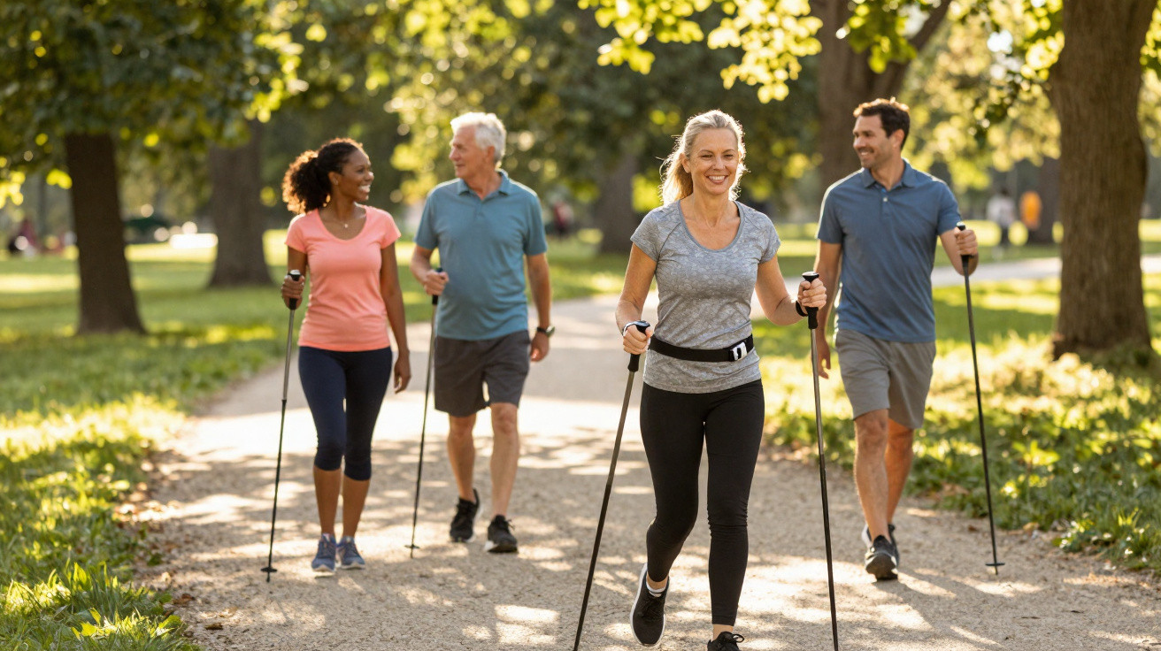 Vier Personen beim Nordic Walking auf einem sonnigen Parkweg, lachend und aktiv.
