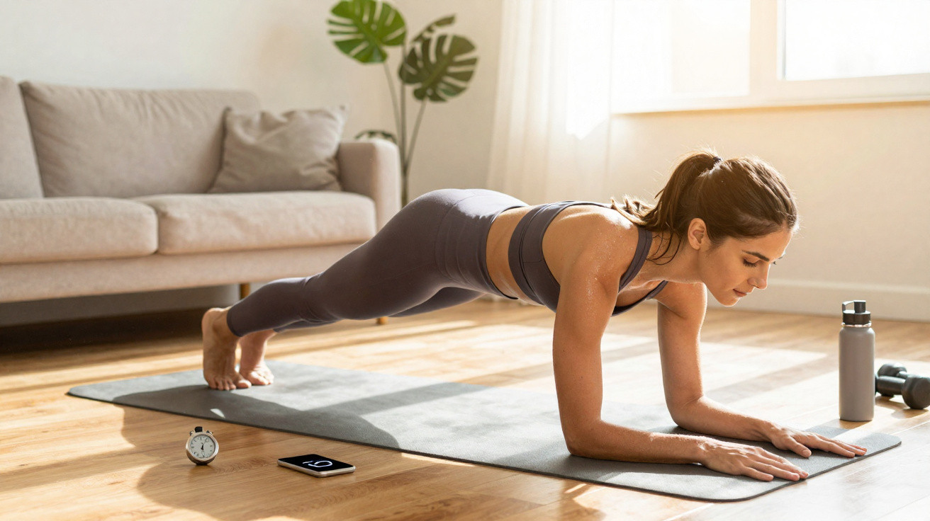 Frau in Sportkleidung macht Unterarmstütz auf Yogamatte im hellen Wohnzimmer neben Smartphone und Wasserflasche.