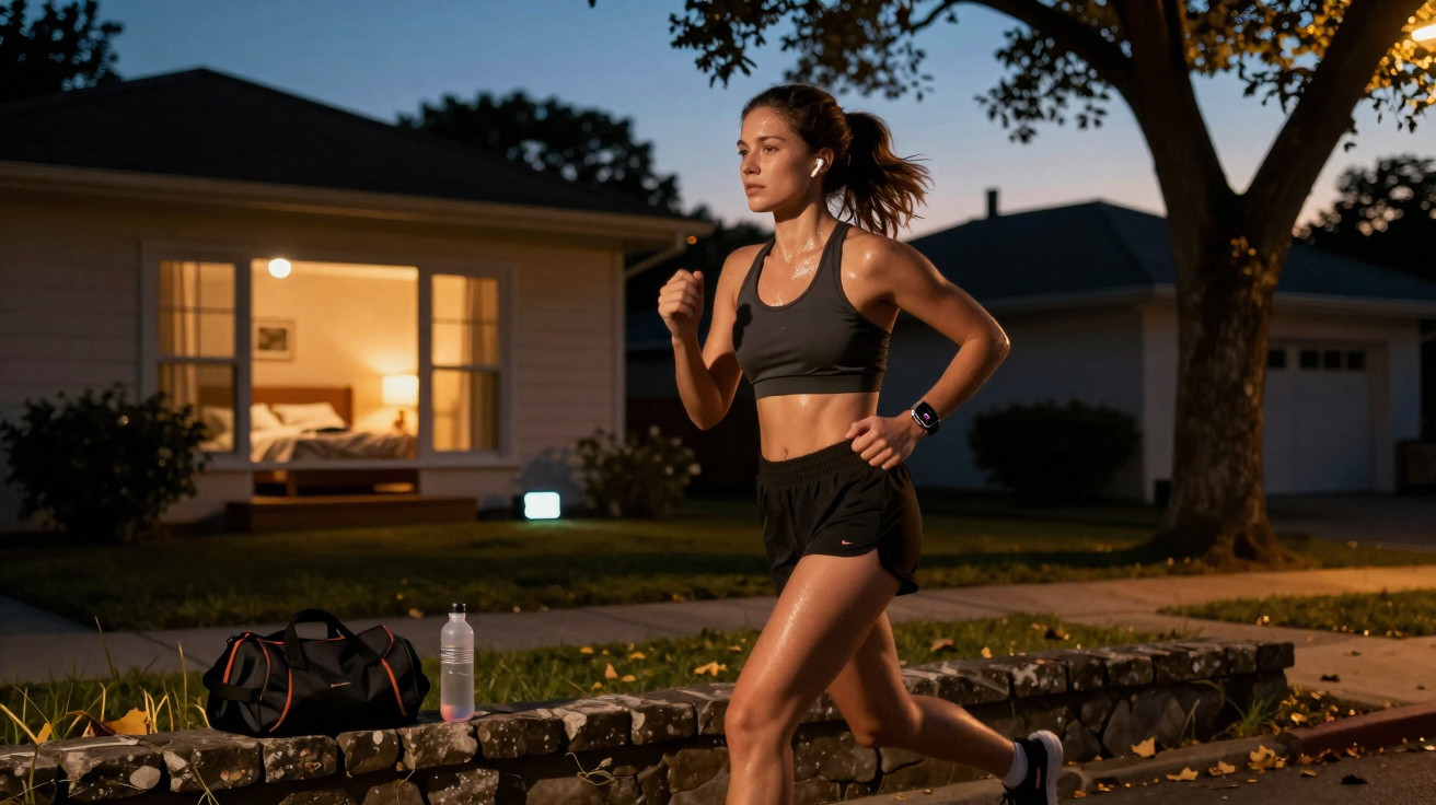 Junge Frau joggt abends in Sportkleidung auf einem Bürgersteig vor Wohnhäusern.