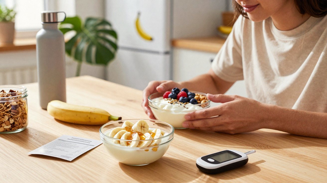 Frau hält Müslischale mit Beeren und Nüssen, auf Tisch Joghurt mit Banane, Granola, Diabetes-Blutzuckermessgerät.