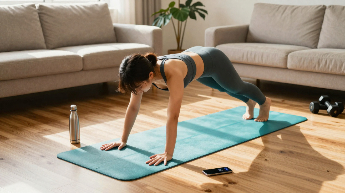 Frau macht Liegestütze auf Fitnessmatte im Wohnzimmer mit Sofa, Wasserflasche und Handy auf Parkettboden.