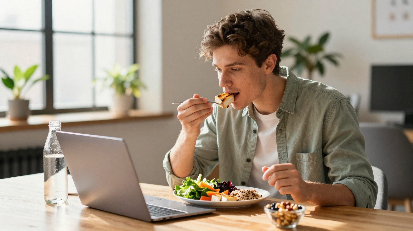 Junger Mann isst Pizza beim Arbeiten an einem Laptop in einem hellen Zimmer.