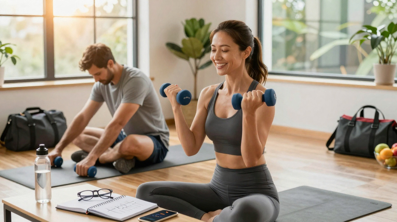 Frau und Mann trainieren mit Hanteln auf Yogamatten in einem hellen Raum mit Pflanzen und Fenstern.