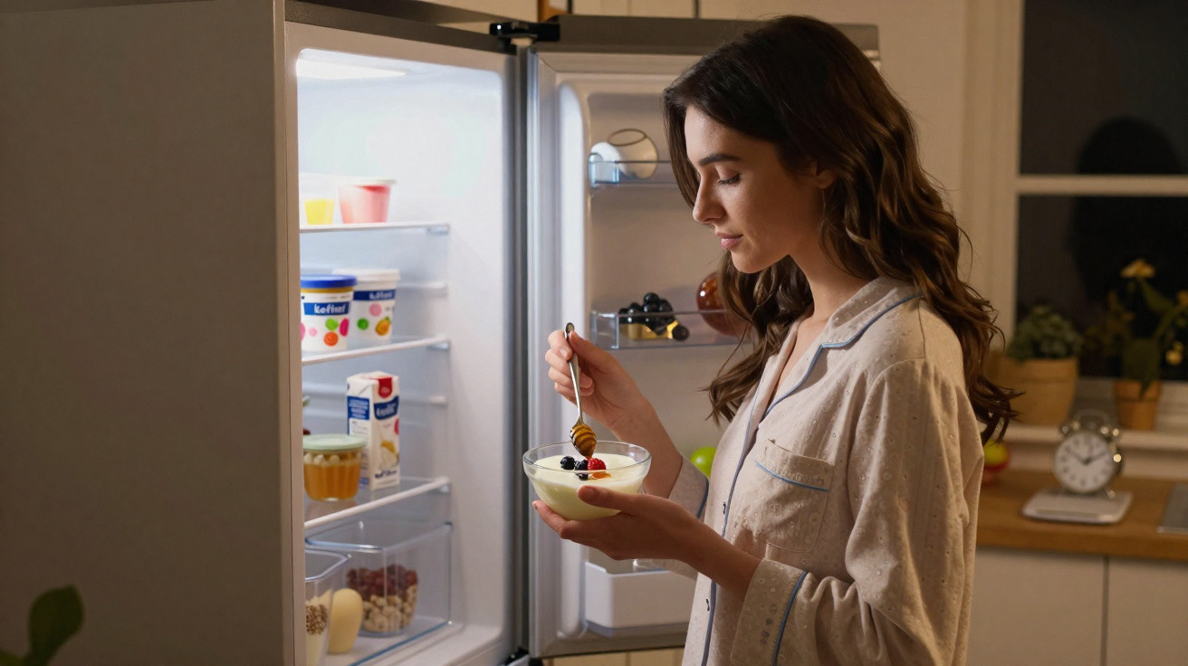 Frau in Schlafanzug isst Früchte mit Joghurt vor offenem Kühlschrank in der Küche bei Nacht.