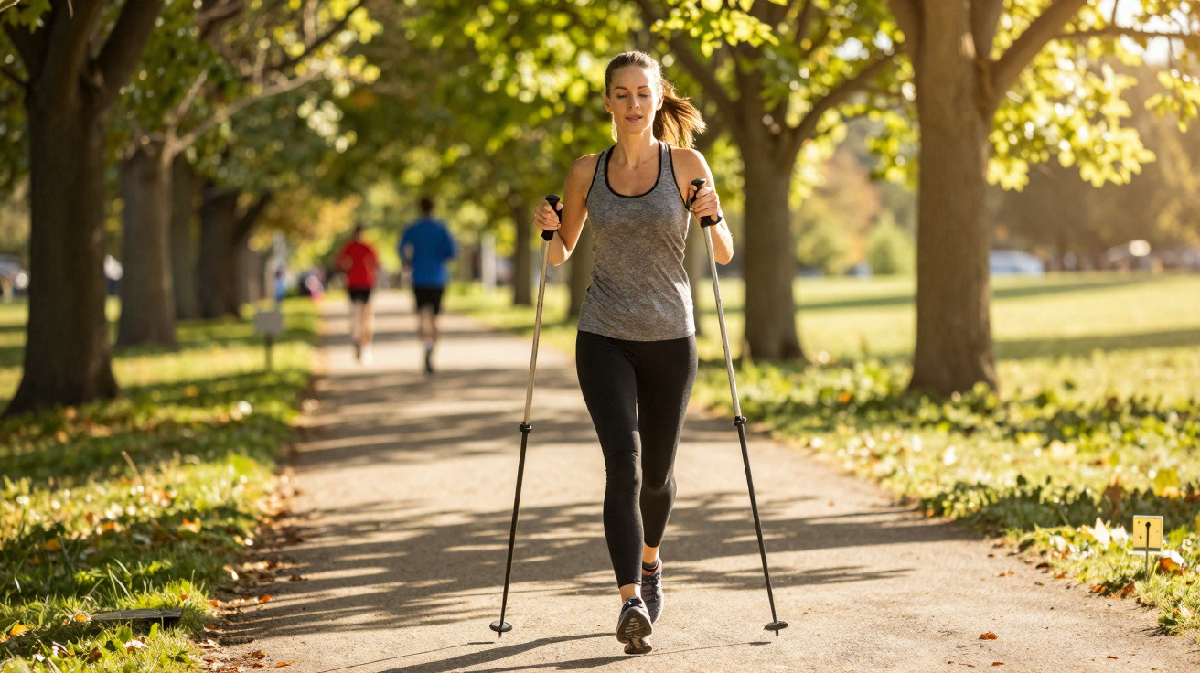Frau geht Nordic Walking auf einem von Bäumen gesäumten Weg im Park an einem sonnigen Tag.