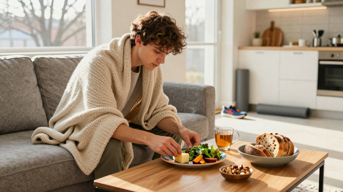 Junger Mann in Decke sitzt auf Sofa und isst Salat mit Brot und Tee am Couchtisch im Wohnzimmer.