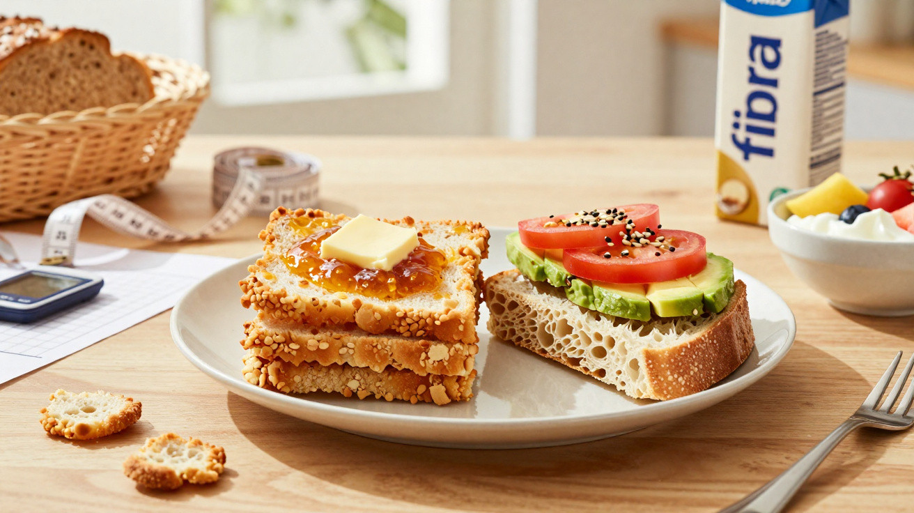Vollkornbrot mit Butter und Marmelade sowie eine Scheibe Brot mit Avocado und Tomaten auf einem Teller.