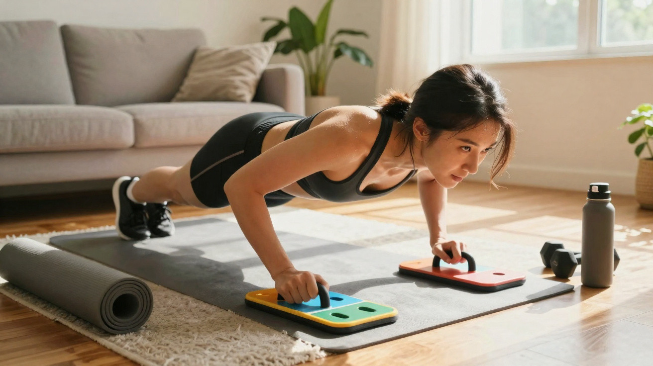 Frau macht Liegestütze mit Push-up-Griffen auf Matte in hellem Wohnzimmer mit Fitnessmatte und Hanteln.