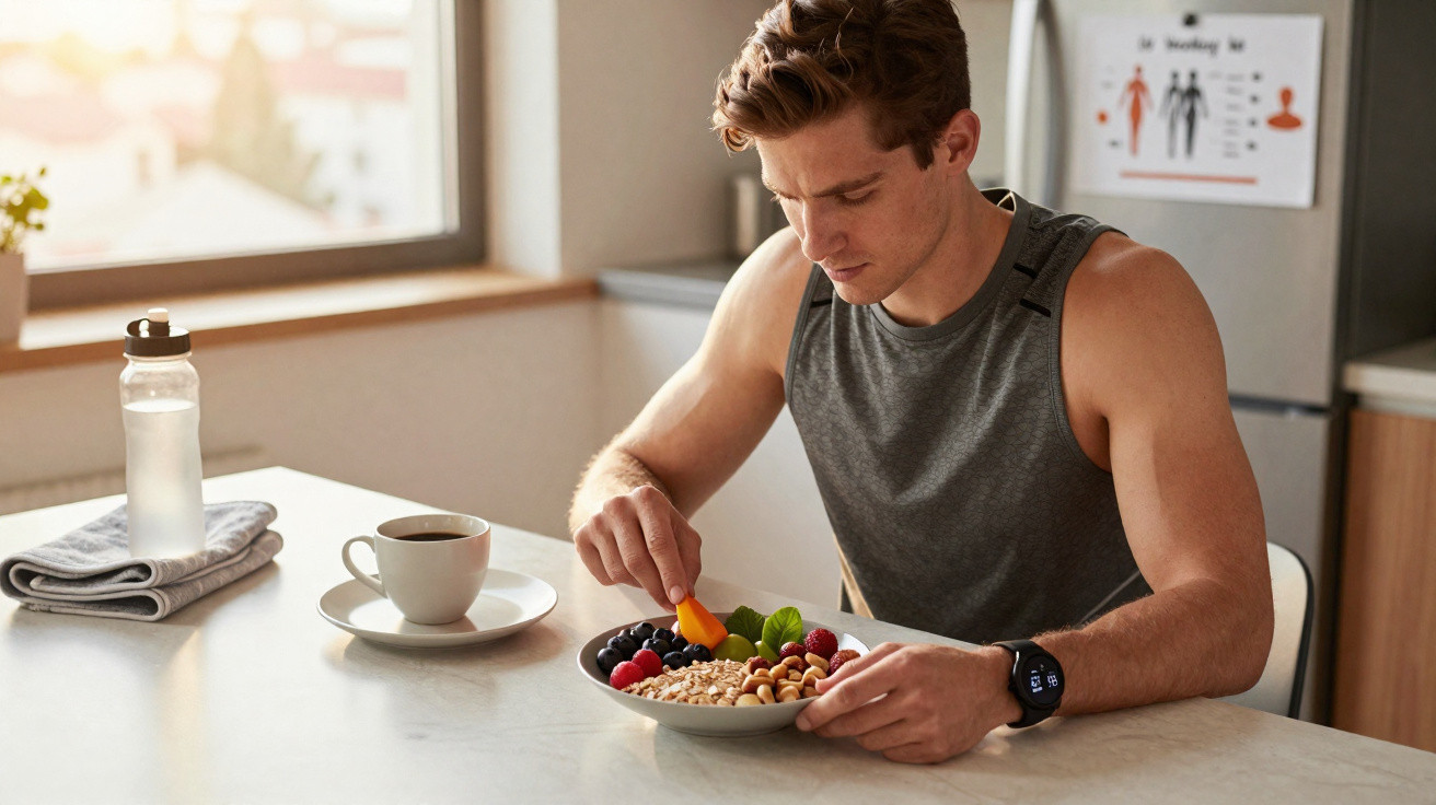 Junger Mann in Sportbekleidung isst gesunde Müslischale am Küchentisch mit Kaffee und Wasserflasche.