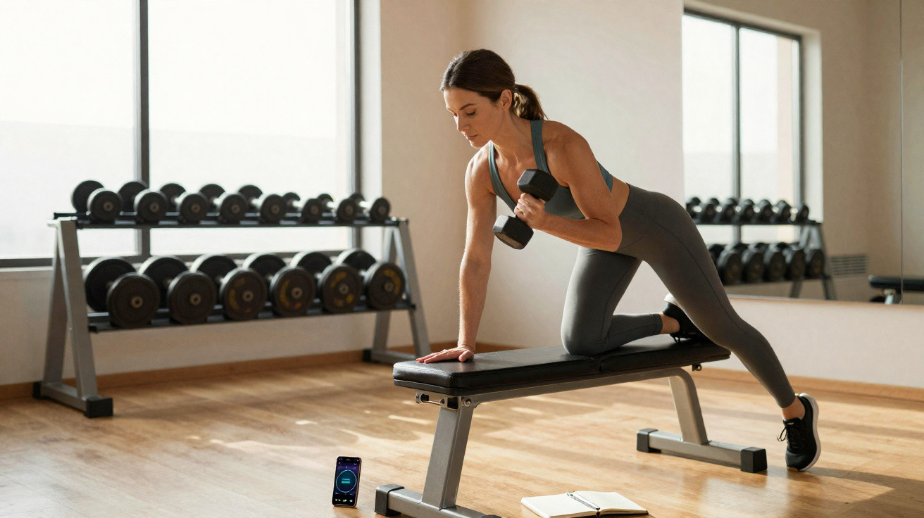 Frau trainiert mit Kurzhantel auf Fitnessbank in hellen Fitnessraum neben Smartphone und Notizbuch.