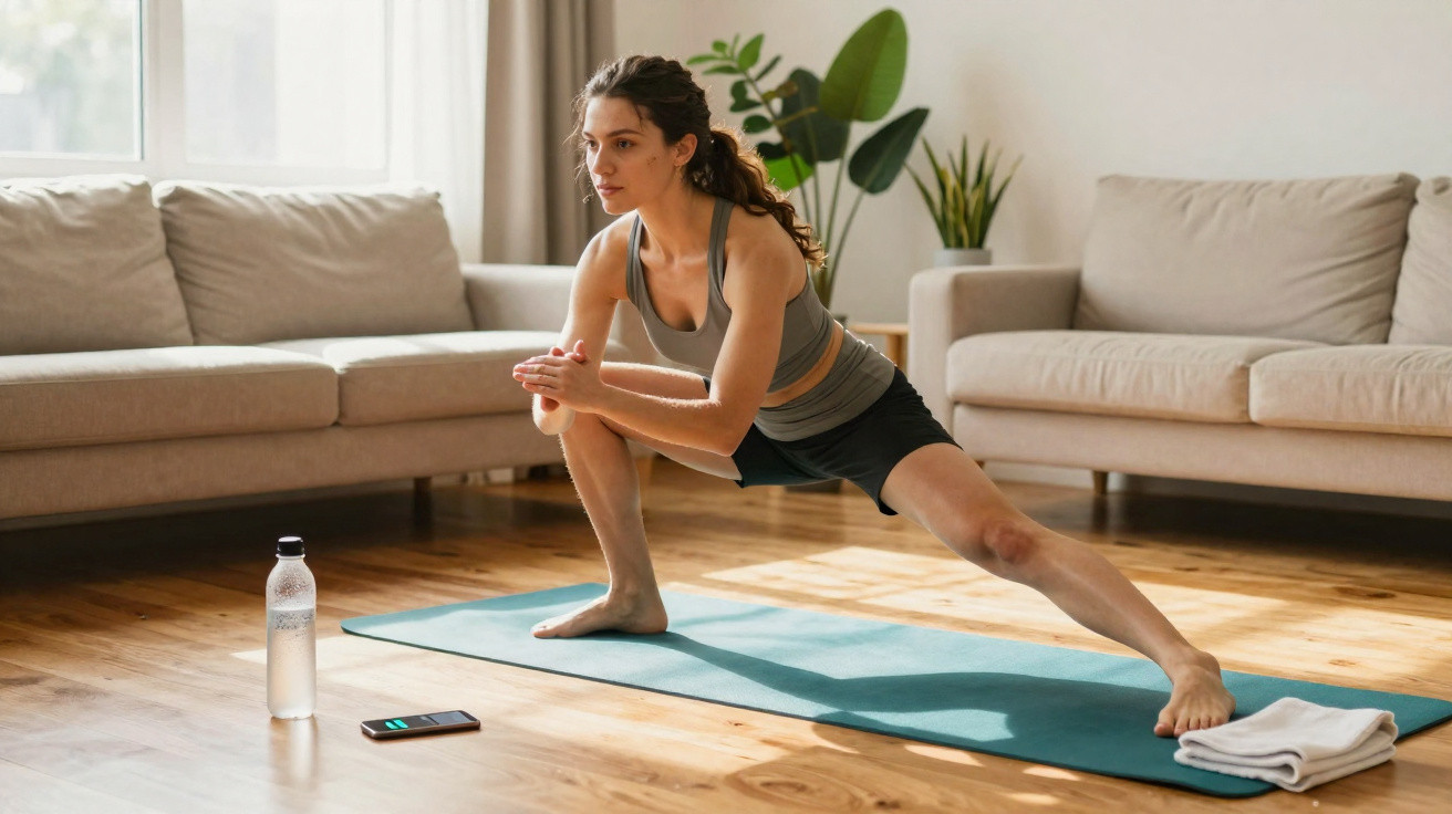 Frau macht Dehnübungen auf Yogamatte im Wohnzimmer, Wasserflasche und Smartphone daneben.