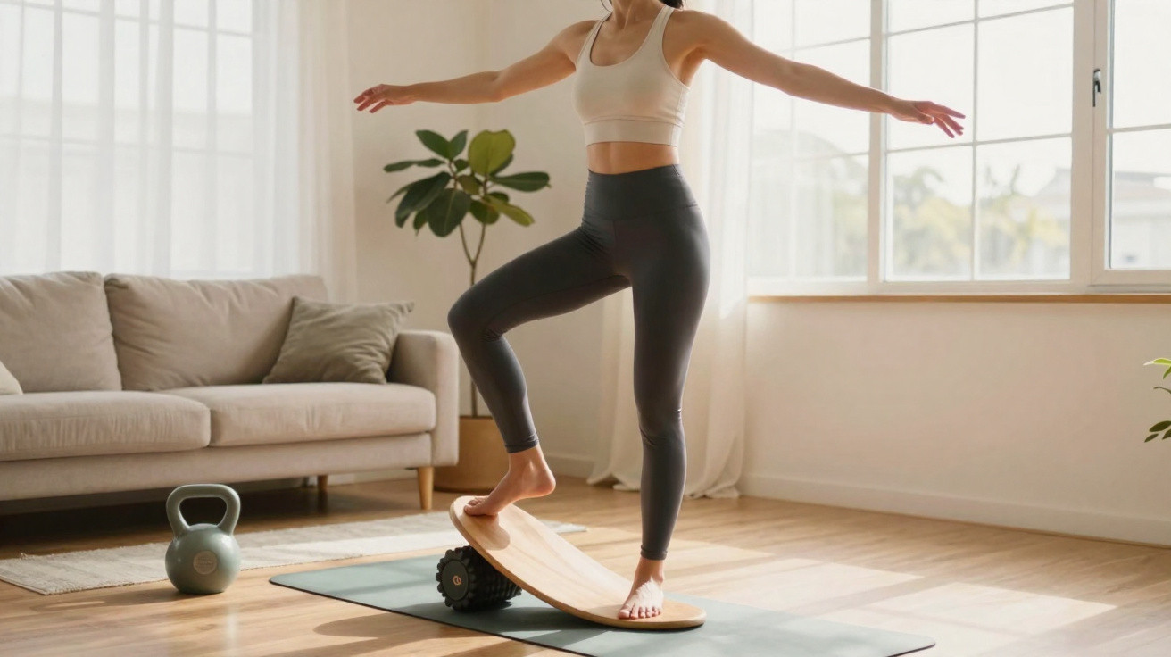 Frau balanciert barfuß auf einem Balance-Board in hellem Wohnzimmer mit Sofa und Kettlebell im Hintergrund.