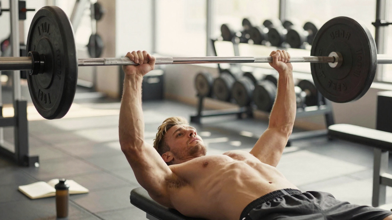 Mann beim Bankdrücken mit Langhantel in einem hellen Fitnessstudio mit Hanteln im Hintergrund.