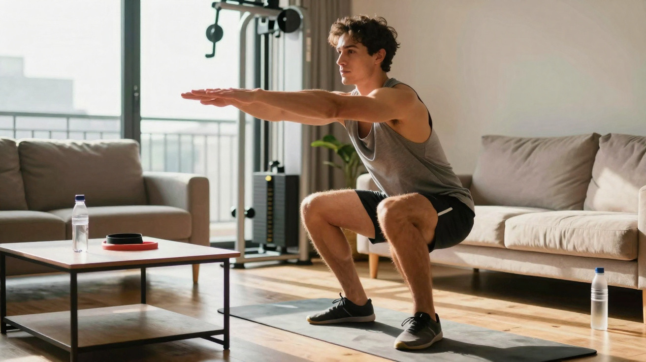 Junger Mann trainiert Kniebeugen auf Yogamatte im hellen Wohnzimmer mit Sofa und Tisch.