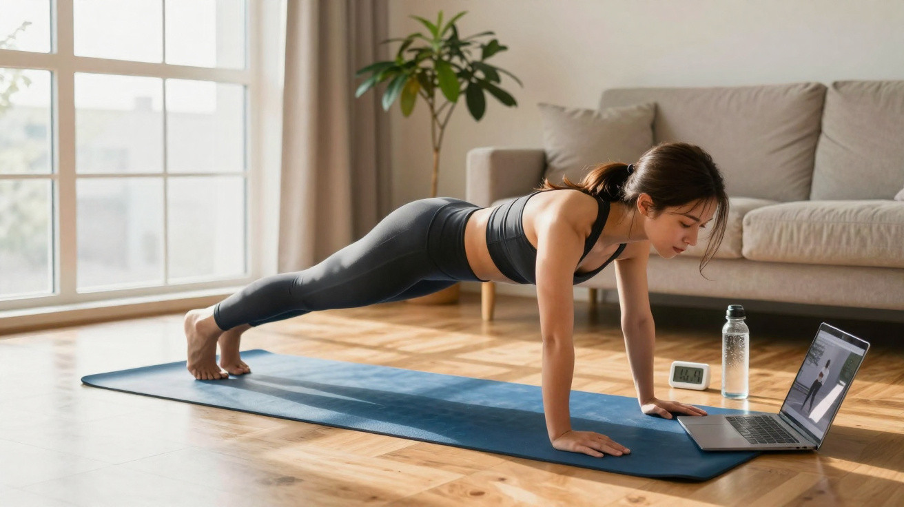 Frau macht Liegestütze auf Yogamatte vor Laptop in hellem Wohnzimmer mit Sofa und Zimmerpflanze.