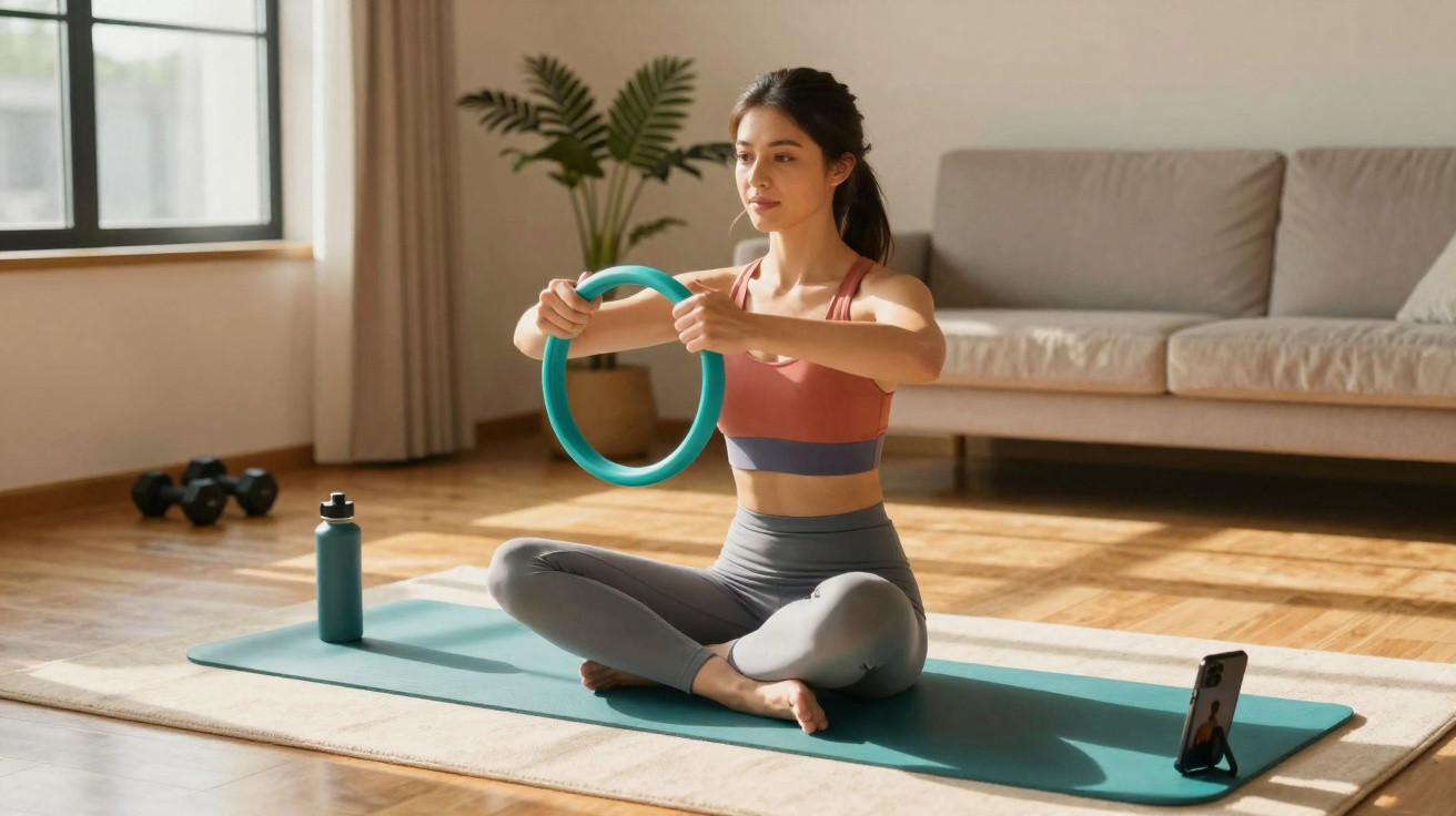 Frau übt Pilates mit Ring auf Yogamatte im Wohnzimmer, neben Handy und Wasserflasche.