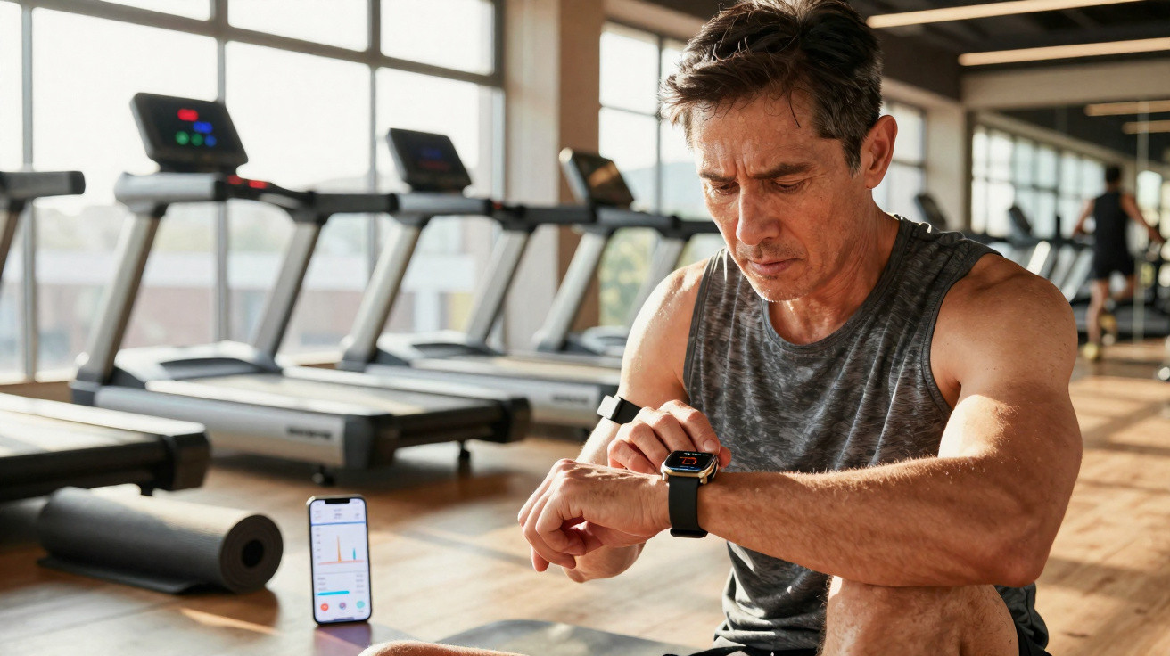 Mann im Fitnessstudio überprüft Smartwatch, im Hintergrund Laufbänder und ein Smartphone mit Fitness-App.