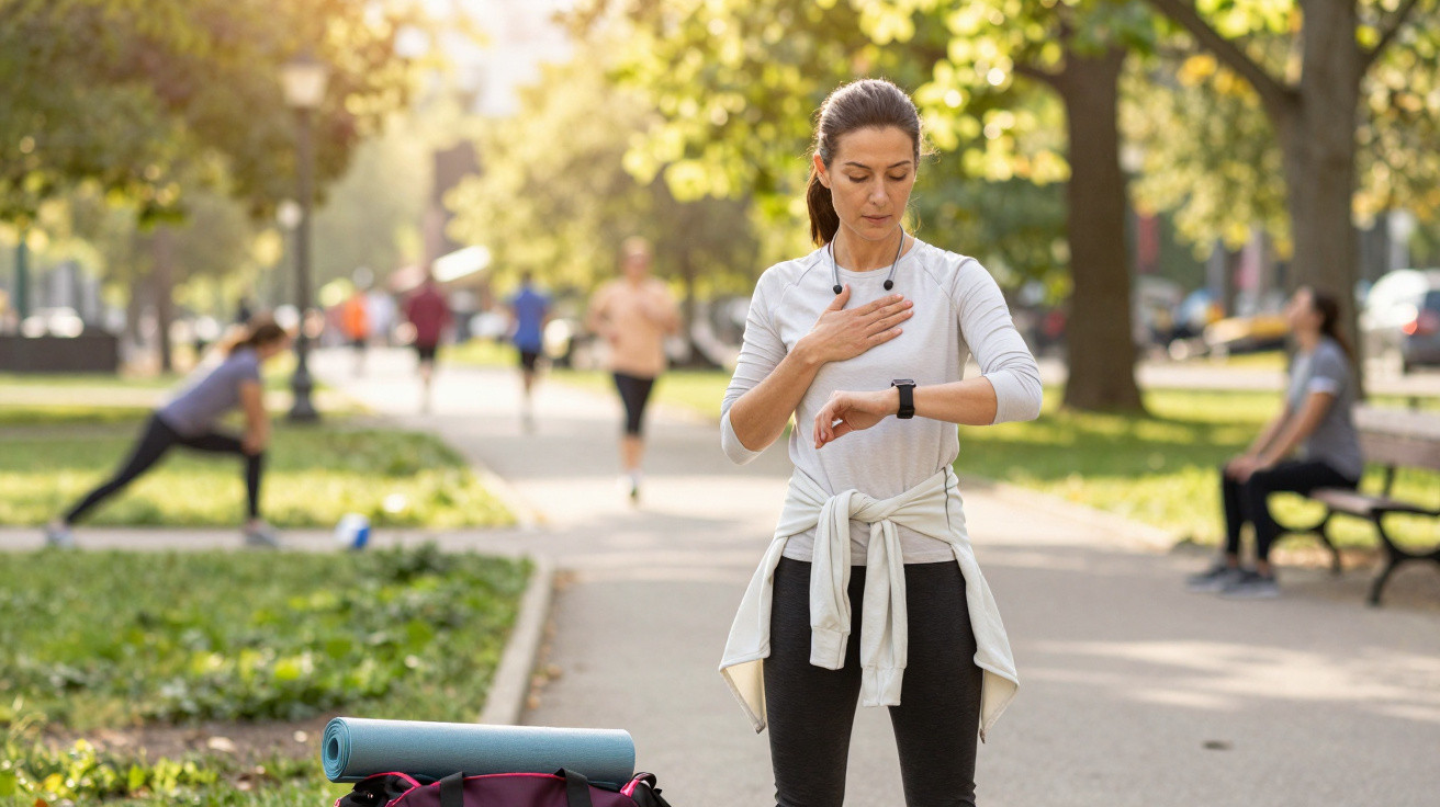 Frau im Park mit Sportkleidung überprüft Puls und Smartwatch vor dem Training am Morgen.