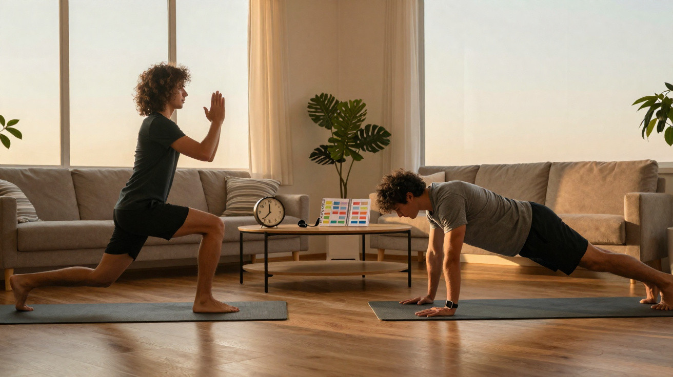Zwei Männer machen Yoga und Fitnessübungen auf Matten in einem hellen Wohnzimmer mit Sofa und Pflanze.