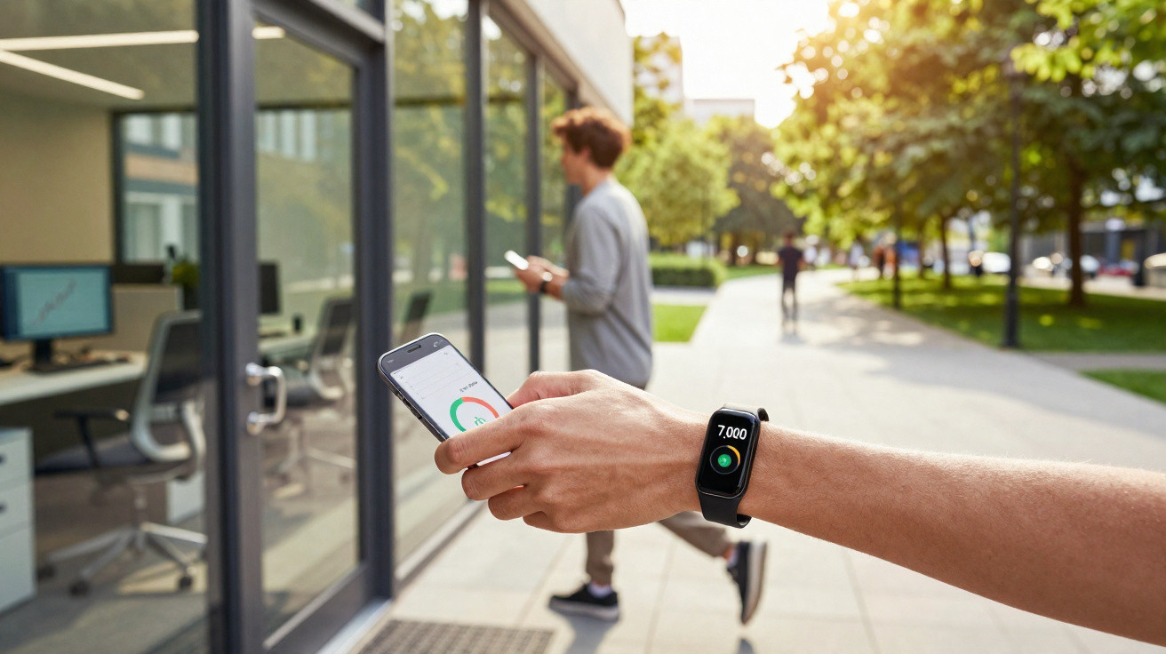 Nahaufnahme eines Armes mit Fitness-Tracker und Smartphone, im Hintergrund ein Mann mit Handy im Freien.