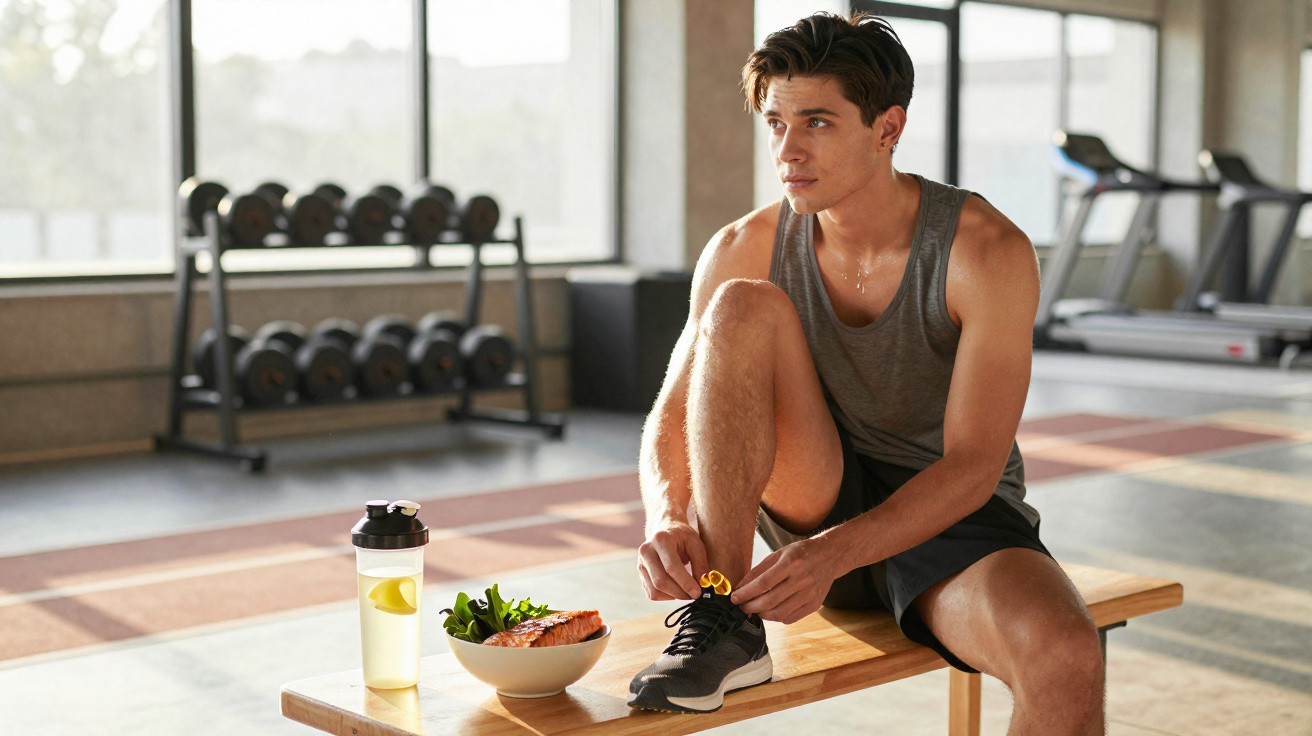 Junger Mann im Fitnessstudio schnürt Sportschuhe, neben ihm steht eine Schüssel mit Salat und ein Getränk.