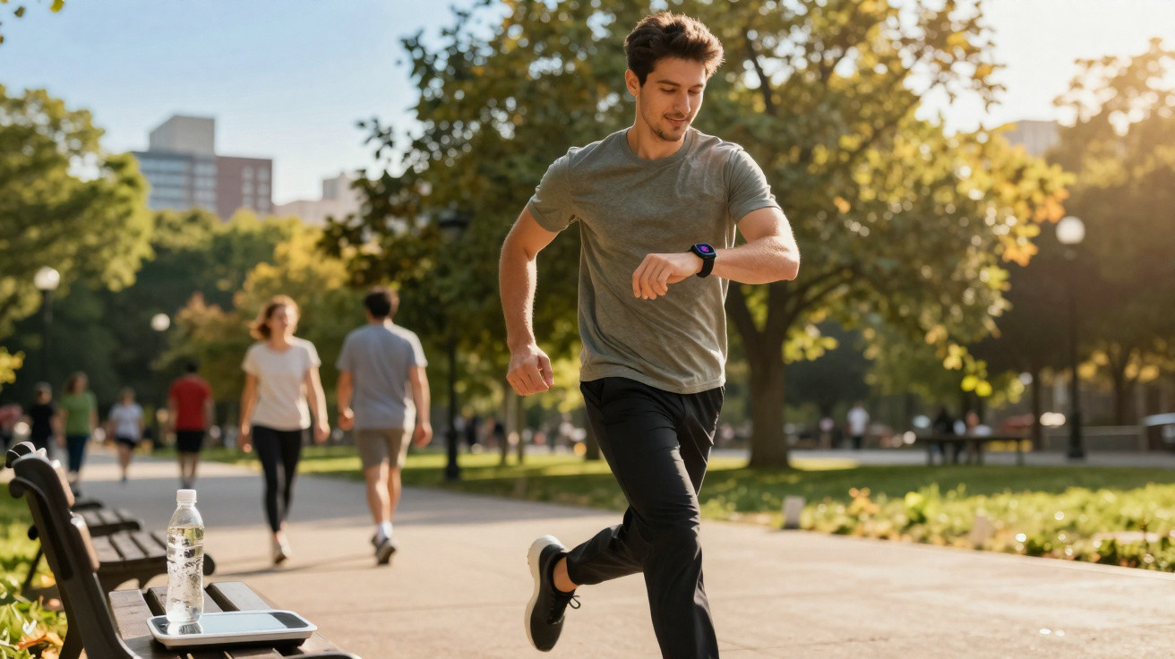 Mann joggt im Park bei Sonnenschein und schaut auf seine Sportuhr, im Hintergrund Spaziergänger und Bänke.